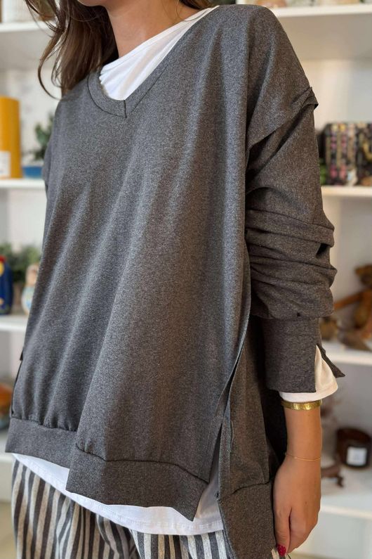 The Sunday Morning V Slouch Sweatshirt Dark Grey Melange